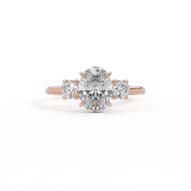 Lab Grown Diamond Trilogy Oval Cut Diamond 18k Rose Gold Ring with Round Accents