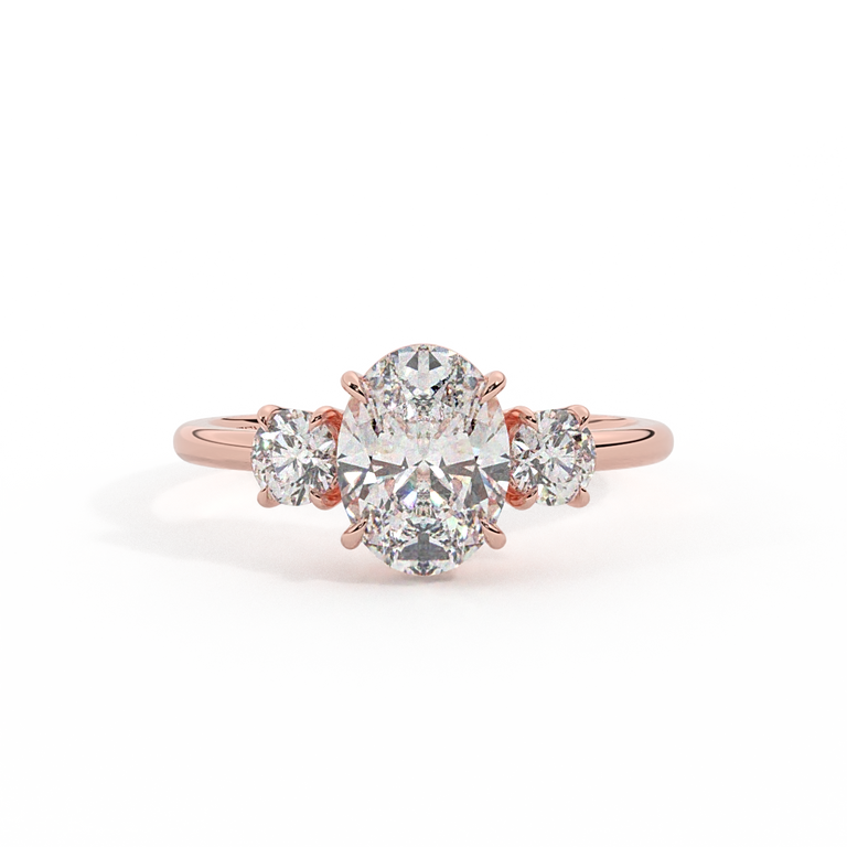 Lab Grown Diamond Trilogy Oval Cut Diamond 18k Rose Gold Ring with Round Accents