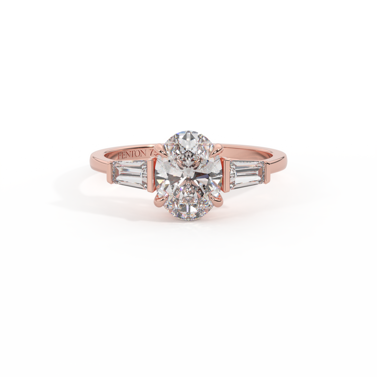 Lab Grown Diamond Trilogy Oval Cut Diamond 18k Rose Gold Ring with Tapered Baguette Accents