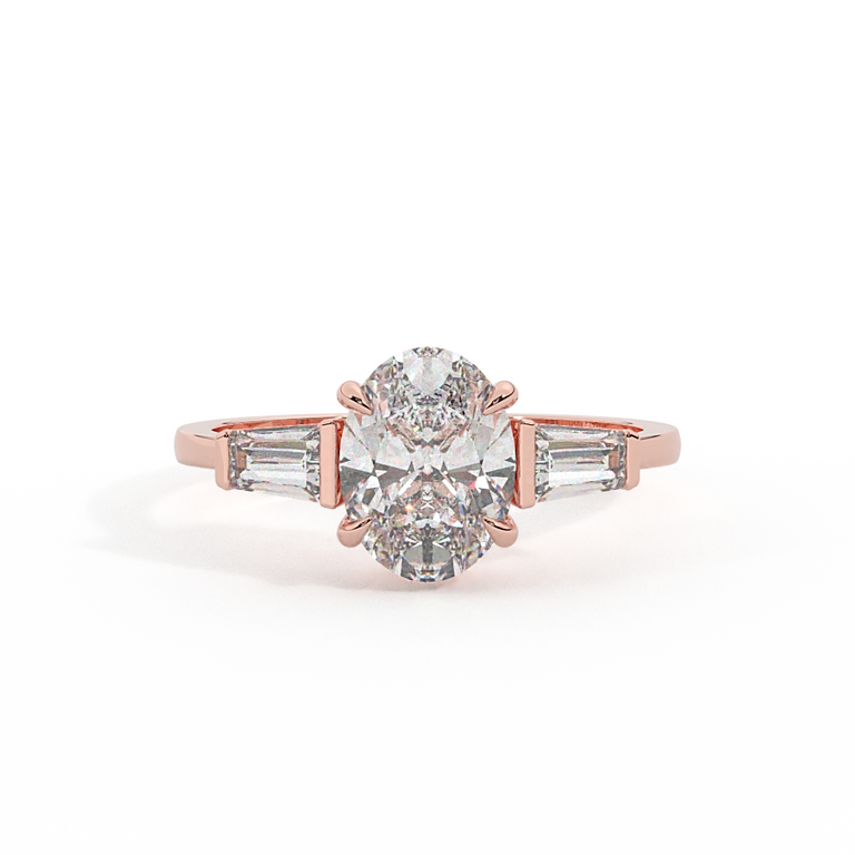 Lab Grown Diamond Trilogy Oval Cut Diamond 18k Rose Gold Ring with Tapered Baguette Accents