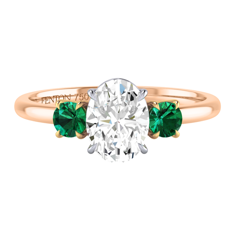 Naturally Mined Diamond Trilogy Oval Cut Diamond and Emerald 18k Rose Gold Ring