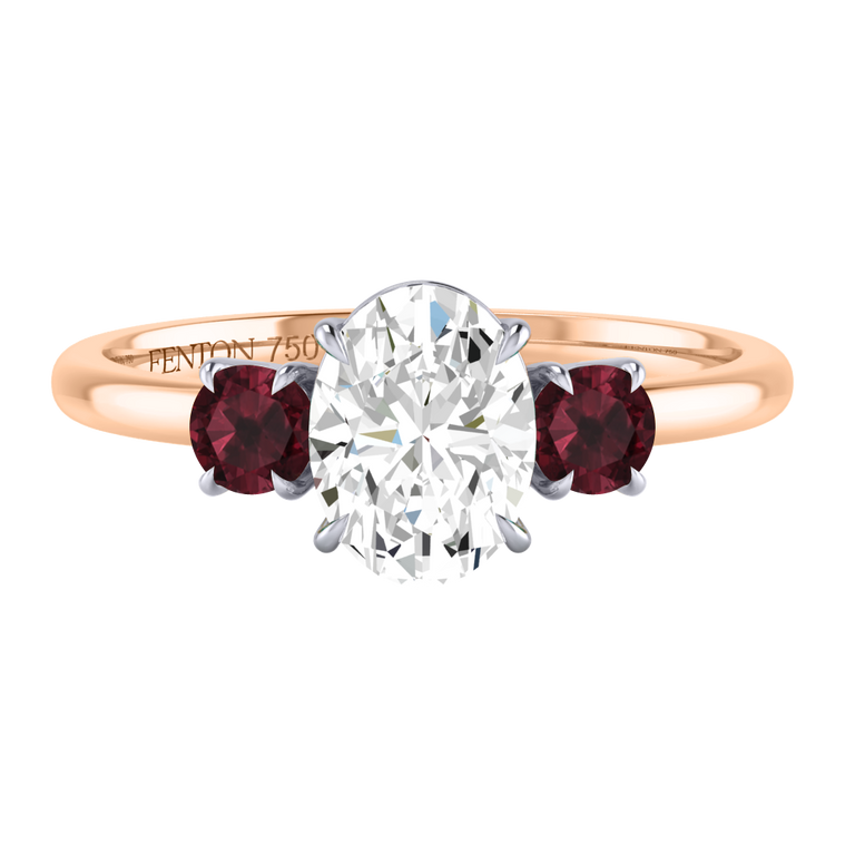 Lab Grown Solar Diamond Trilogy Oval Cut Diamond and Garnet 18k Rose Gold Ring