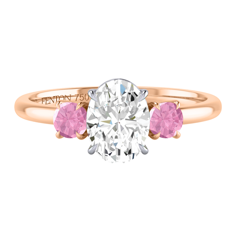 Naturally Mined Diamond Trilogy Oval Cut Diamond and Pink Sapphire 18k Rose Gold Ring