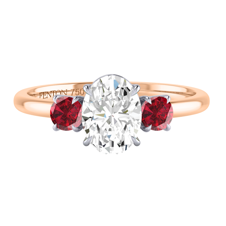 Lab Grown Solar Diamond Trilogy Oval Cut Diamond and Ruby 18k Rose Gold Ring