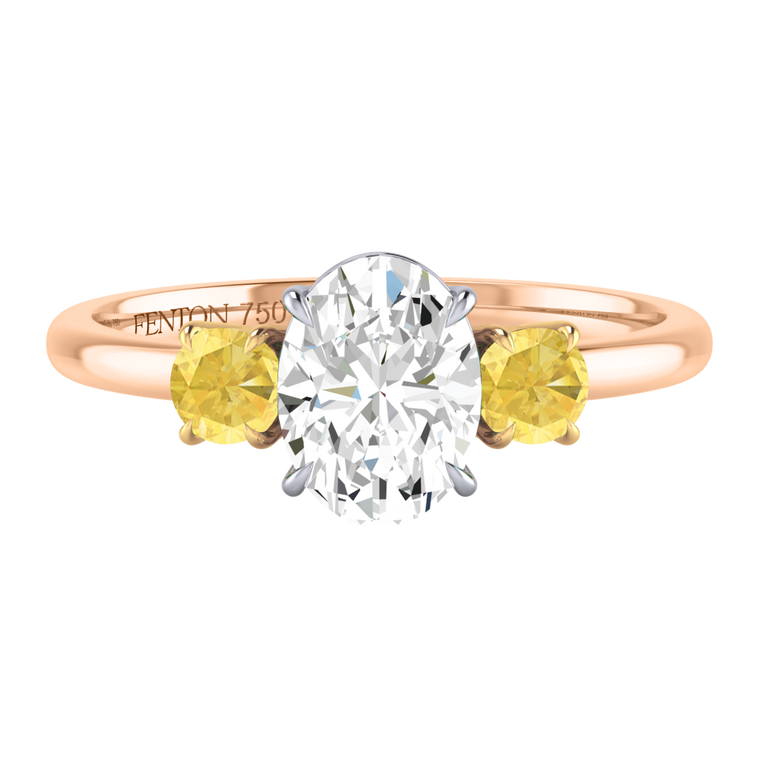 Naturally Mined Diamond Trilogy Oval Cut Diamond and Yellow Sapphire 18k Rose Gold Ring