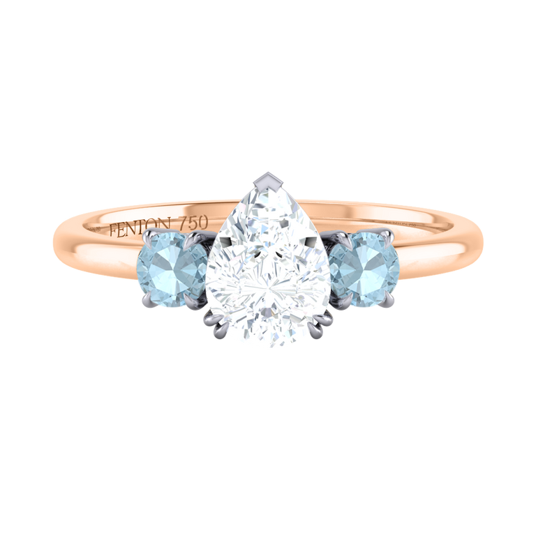 Lab Grown Solar Diamond Trilogy Pear Cut Diamond and Aquamarine 18k Rose Gold Ring