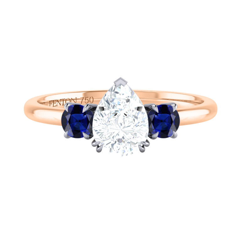 Lab Grown Diamond Trilogy Pear Cut Diamond and Blue Sapphire 18k Rose Gold Ring