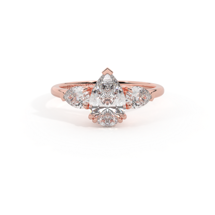 Lab Grown Diamond Trilogy Pear Cut Diamond 18k Rose Gold Ring with Pear Accents