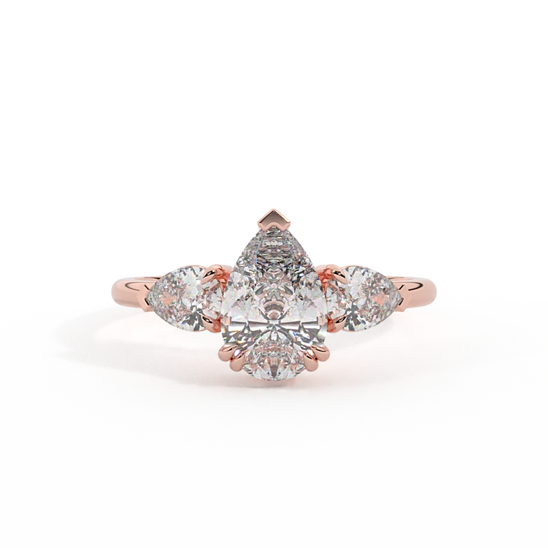 Lab Grown Diamond Trilogy Pear Cut Diamond 18k Rose Gold Ring with Pear Accents