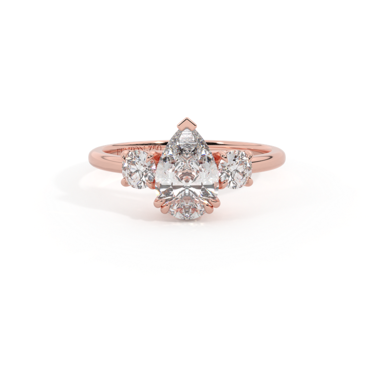 Lab Grown Diamond Trilogy Pear Cut Diamond 18k Rose Gold Ring with Round Accents