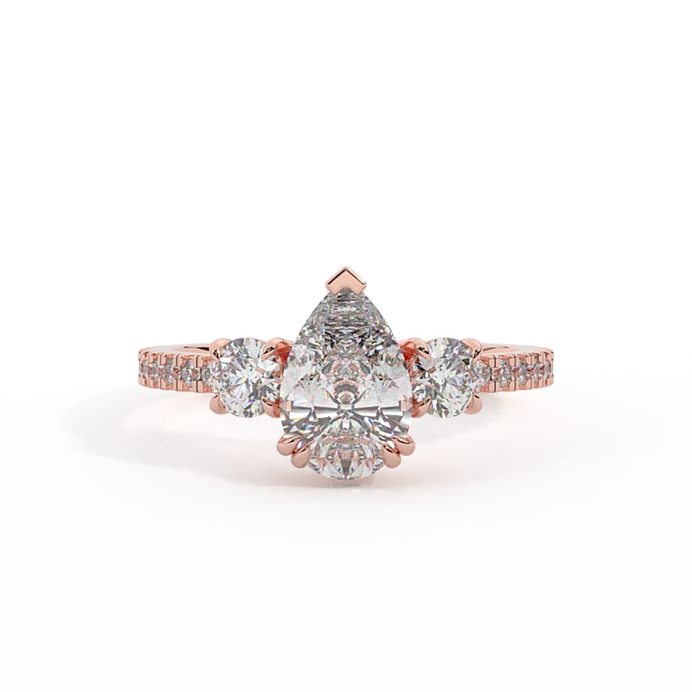 Lab Grown Diamond Trilogy Pear Cut Diamond 18k Rose Gold Ring with Round Accents