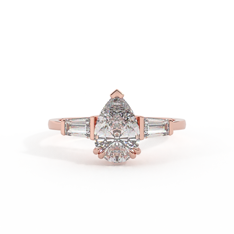 Lab Grown Diamond Trilogy Pear Cut Diamond 18k Rose Gold Ring with Tapered Baguette Accents
