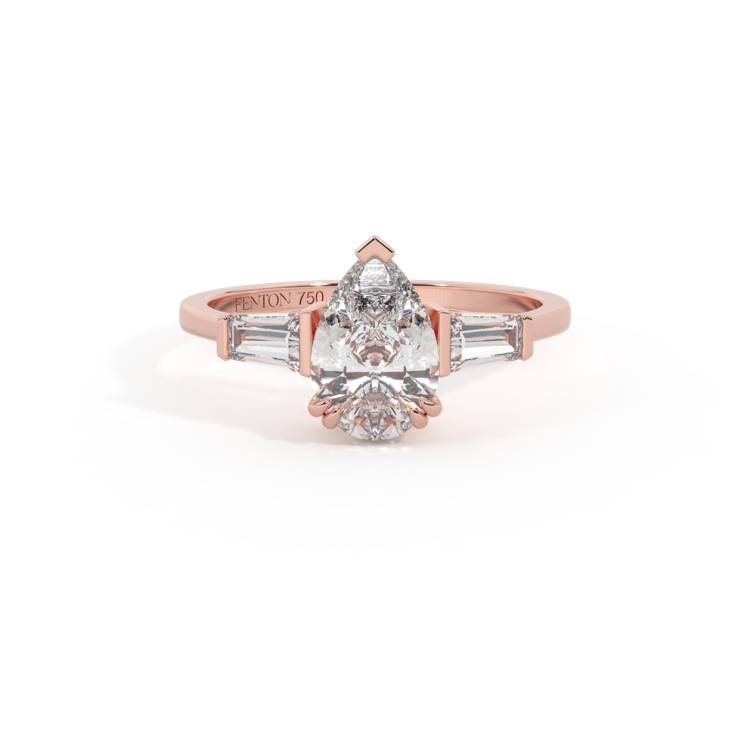 Lab Grown Diamond Trilogy Pear Cut Diamond 18k Rose Gold Ring with Tapered Baguette Accents