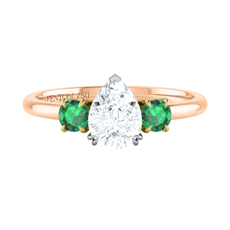 Naturally Mined Diamond Trilogy Pear Cut Diamond and Emerald 18k Rose Gold Ring