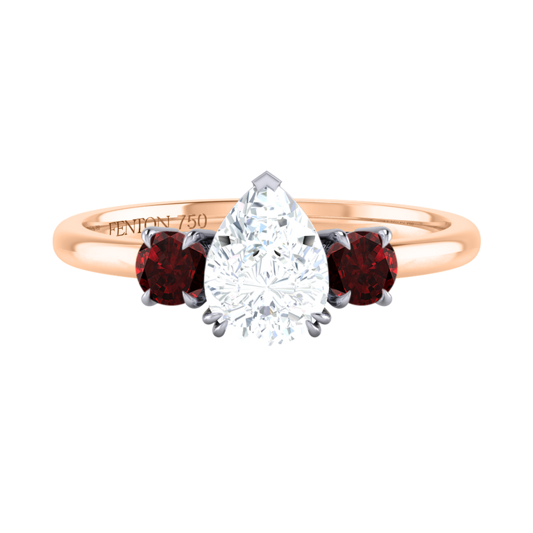 Lab Grown Diamond Trilogy Pear Cut Diamond and Garnet 18k Rose Gold Ring