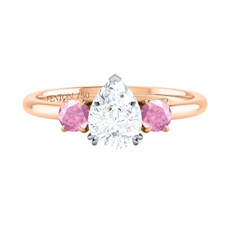 Naturally Mined Diamond Trilogy Pear Cut Diamond and Pink Sapphire 18k Rose Gold Ring