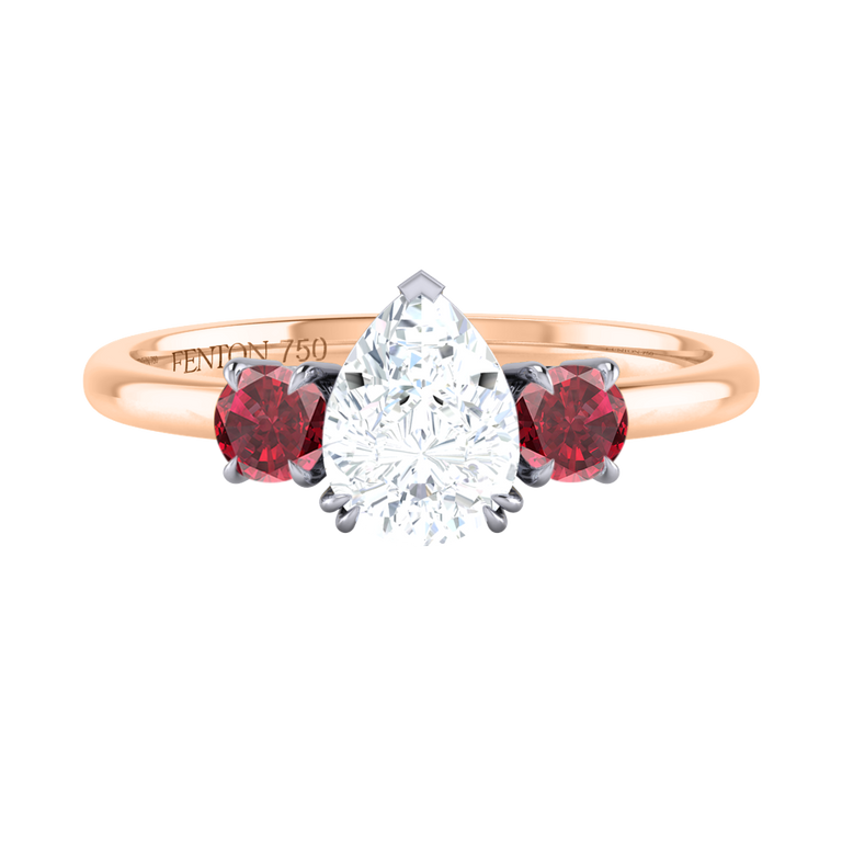 Naturally Mined Diamond Trilogy Pear Cut Diamond and Ruby 18k Rose Gold Ring