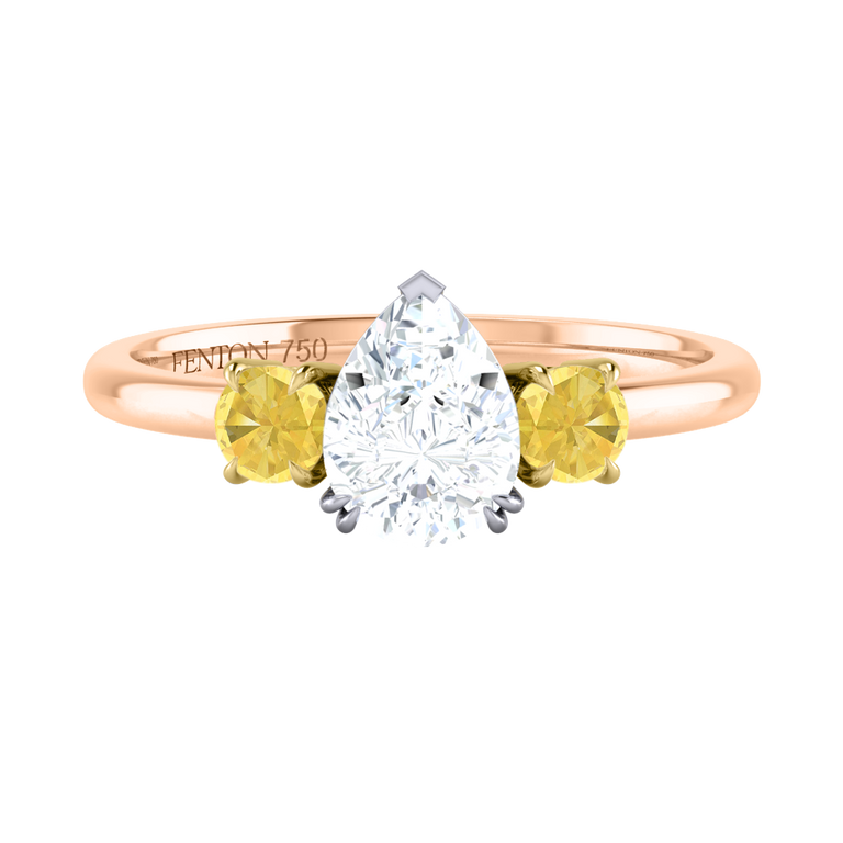 Lab Grown Solar Diamond Trilogy Pear Cut Diamond and Yellow Sapphire 18k Rose Gold Ring