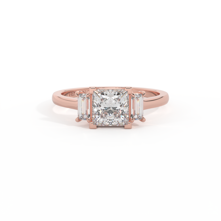 Lab Grown Diamond Trilogy Princess Cut Diamond 18k Rose Gold Ring with Baguette Accents