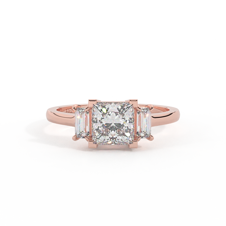 Lab Grown Diamond Trilogy Princess Cut Diamond 18k Rose Gold Ring with Baguette Accents