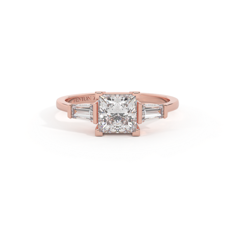 Lab Grown Diamond Trilogy Princess Cut Diamond 18k Rose Gold Ring with Tapered Baguette Accents