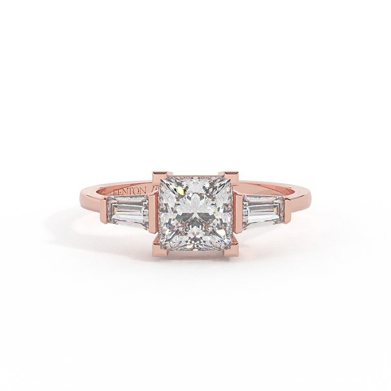 Lab Grown Diamond Trilogy Princess Cut Diamond 18k Rose Gold Ring with Tapered Baguette Accents