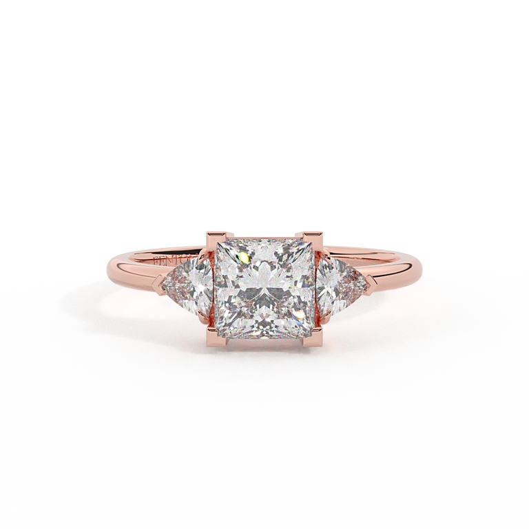 Lab Grown Diamond Trilogy Princess Cut Diamond 18k Rose Gold Ring with Trillion Accents