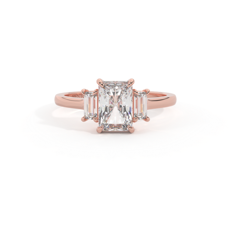 Lab Grown Diamond Trilogy Radiant Cut Diamond 18k Rose Gold Ring with Baguette Accents