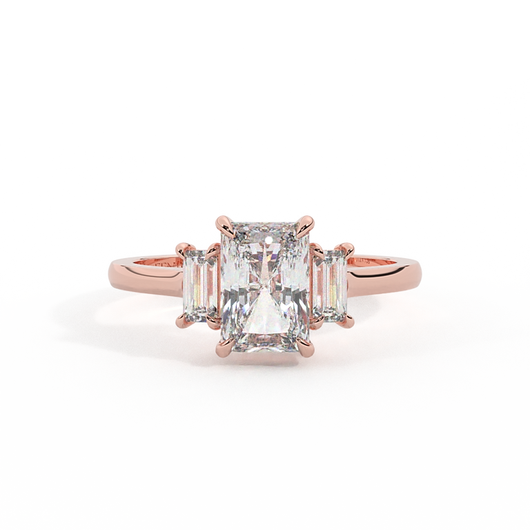 Lab Grown Diamond Trilogy Radiant Cut Diamond 18k Rose Gold Ring with Baguette Accents