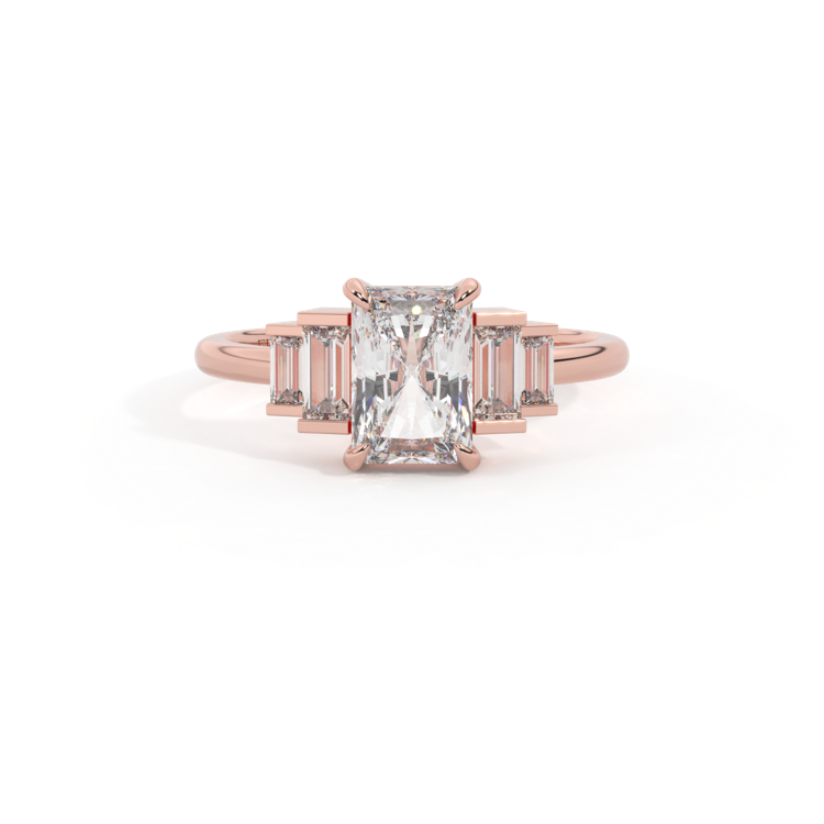 Lab Grown Diamond Trilogy Radiant Cut Diamond 18k Rose Gold Ring with Double Baguette Accents