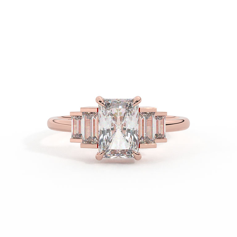 Lab Grown Diamond Trilogy Radiant Cut Diamond 18k Rose Gold Ring with Double Baguette Accents