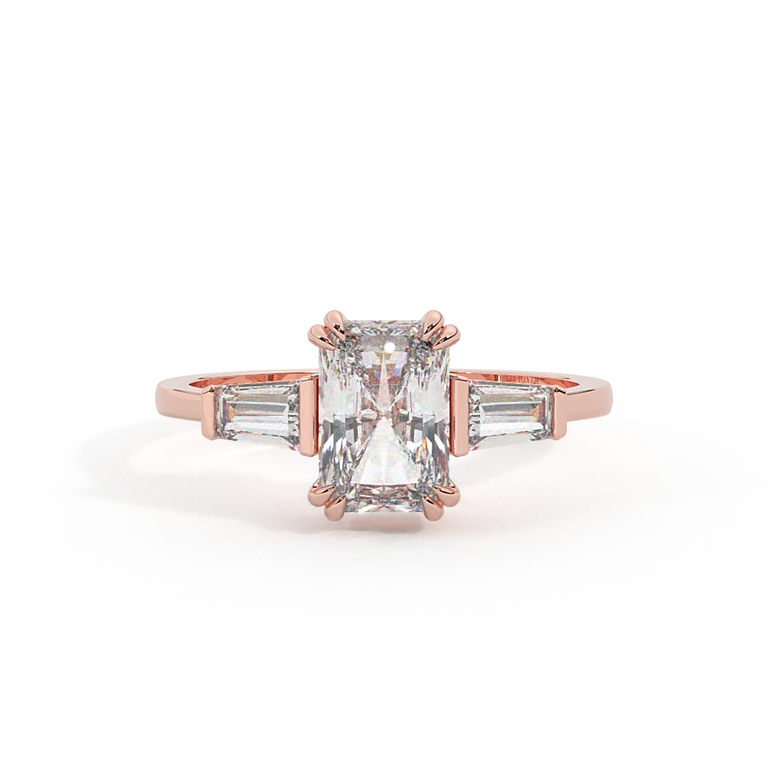 Lab Grown Diamond Trilogy Radiant Cut Diamond 18k Rose Gold Ring with Tapered Baguette Accents