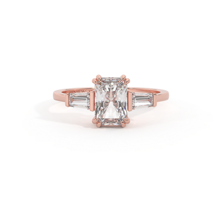 Lab Grown Diamond Trilogy Radiant Cut Diamond 18k Rose Gold Ring with Tapered Baguette Accents