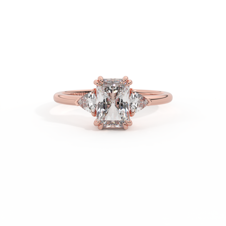 Lab Grown Diamond Trilogy Radiant Cut Diamond 18k Rose Gold Ring with Trillion Accents