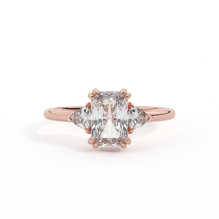 Lab Grown Diamond Trilogy Radiant Cut Diamond 18k Rose Gold Ring with Trillion Accents