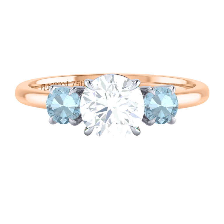 Naturally Mined Diamond Trilogy Round Cut Diamond and Aquamarine 18k Rose Gold Ring