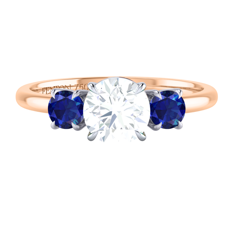 Naturally Mined Diamond Trilogy Round Cut Diamond and Blue Sapphire 18k Rose Gold Ring