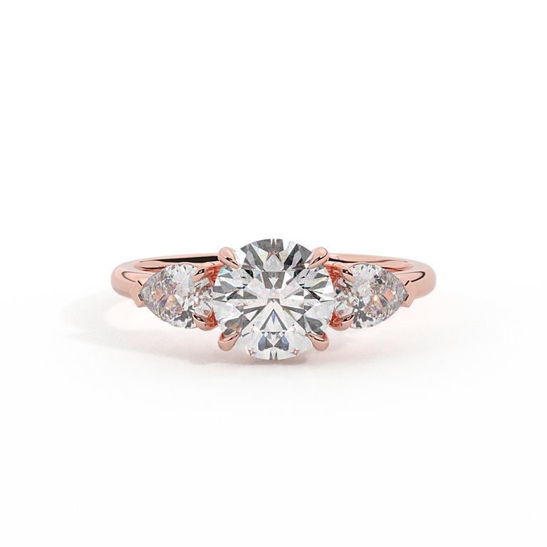 Lab Grown Diamond Trilogy Round Cut Diamond 18k Rose Gold Ring with Pear Accents