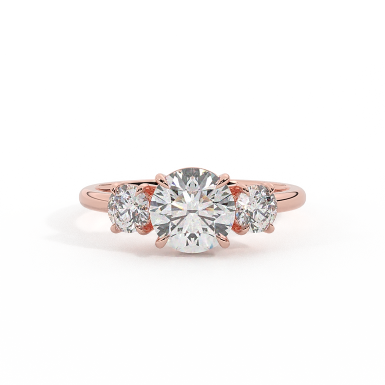 Lab Grown Diamond Trilogy Round Cut Diamond 18k Rose Gold Ring with Round Accents