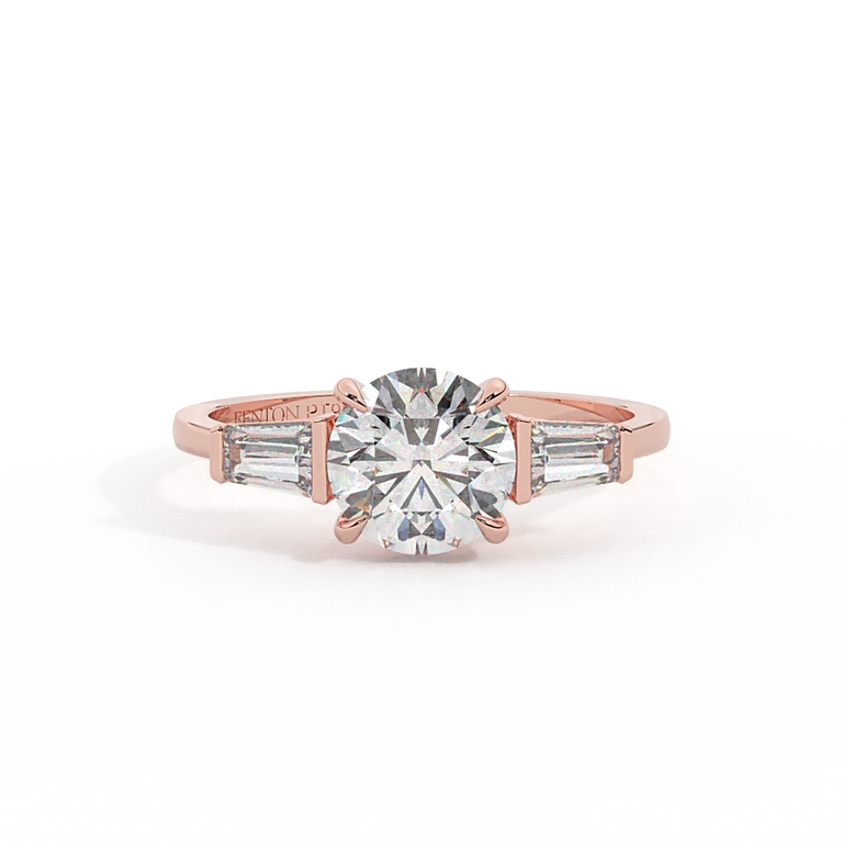 Lab Grown Diamond Trilogy Round Cut Diamond 18k Rose Gold Ring with Tapered Baguette Accents