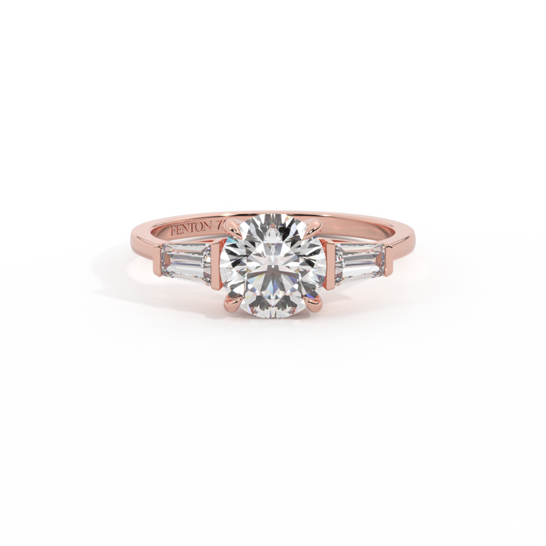 Lab Grown Diamond Trilogy Round Cut Diamond 18k Rose Gold Ring with Tapered Baguette Accents