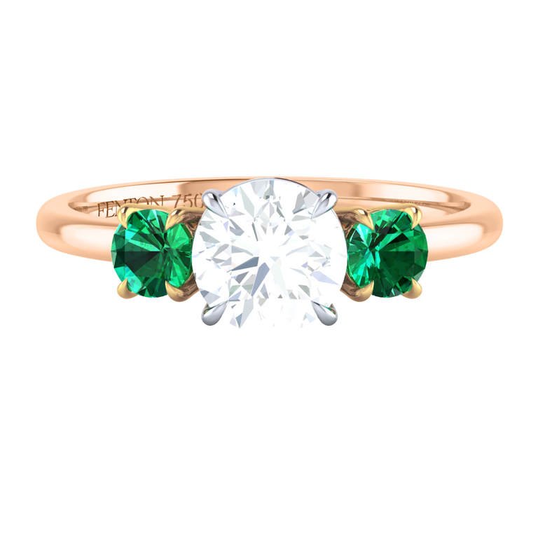 Naturally Mined Diamond Trilogy Round Cut Diamond and Emerald 18k Rose Gold Ring