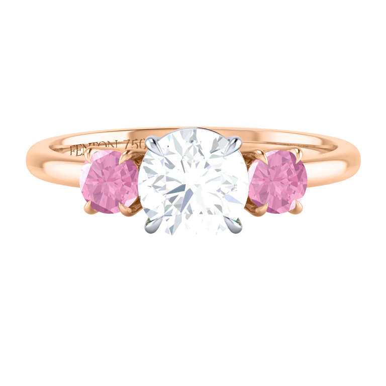 Naturally Mined Diamond Trilogy Round Cut Diamond and Pink Sapphire 18k Rose Gold Ring