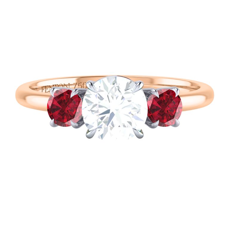 Naturally Mined Diamond Trilogy Round Cut Diamond and Ruby 18k Rose Gold Ring