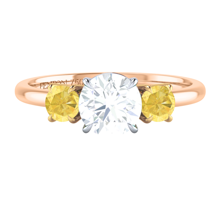 Naturally Mined Diamond Trilogy Round Cut Diamond and Yellow Sapphire 18k Rose Gold Ring