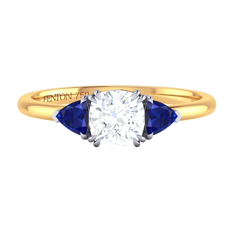 Lab Grown Solar Diamond Trilogy Cushion Cut Diamond and Blue Sapphire 18k Yellow Gold Ring