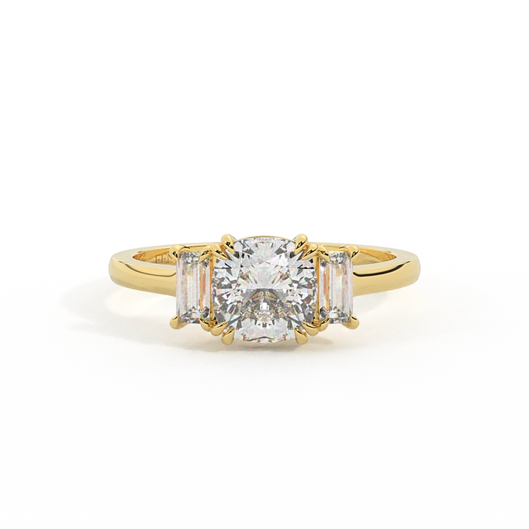 Lab Grown Diamond Trilogy Cushion Cut Diamond 18k Yellow Gold Ring with Baguette Accents