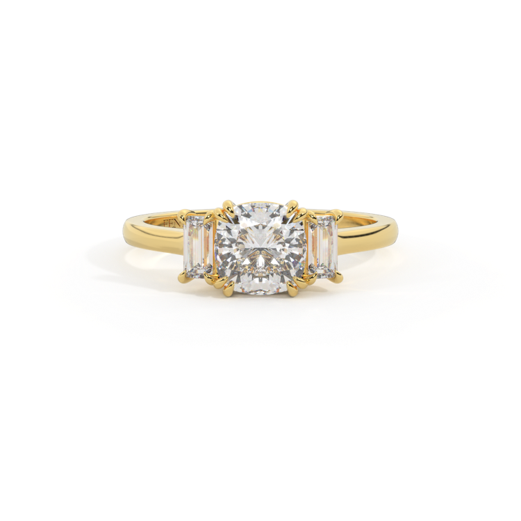 Lab Grown Diamond Trilogy Cushion Cut Diamond 18k Yellow Gold Ring with Baguette Accents