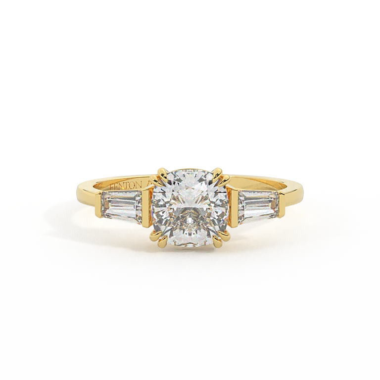 Lab Grown Diamond Trilogy Cushion Cut Diamond 18k Yellow Gold Ring with Tapered Baguette Accents