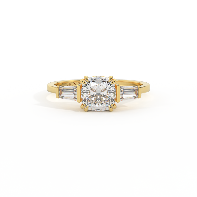 Naturally Mined Diamond Trilogy Cushion Cut Diamond 18k Yellow Gold Ring with Tapered Baguette Accents
